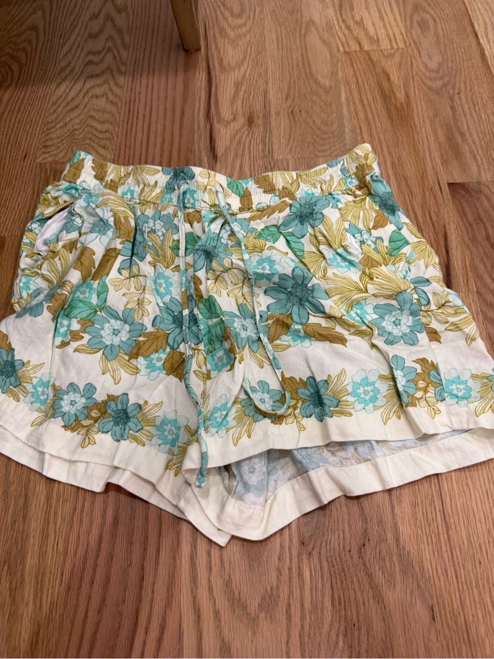 LOFT Floral Drawstring High-Waist Shorts in Teal & Mustard